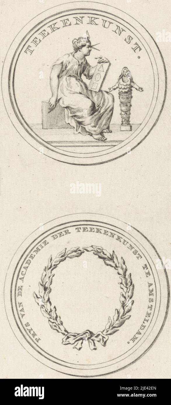 Y reverso de la medalla de la academia de dibujo en Amsterdam, Harmanus Vinkeles, después de Jacobus Buys, 1765 - 1800, Dibujo, representado como una mujer con llama en la cabeza, sentada con un bolígrafo y un tablero de dibujo en manos sobre una piedra frente a una estatua, que mide con brújula en su ojo, dentro de la leyenda. Reverso: Inscripción dentro de la corona de laurel y la leyenda., impresor: Harmanus Vinkeles, (mencionado en el objeto), dibujante intermediario: Jacobus Buys, (mencionado en el objeto), Amsterdam, 1765 - 1800, papel, grabado, grabado, al. 153 mm x al. 84 mm Foto de stock