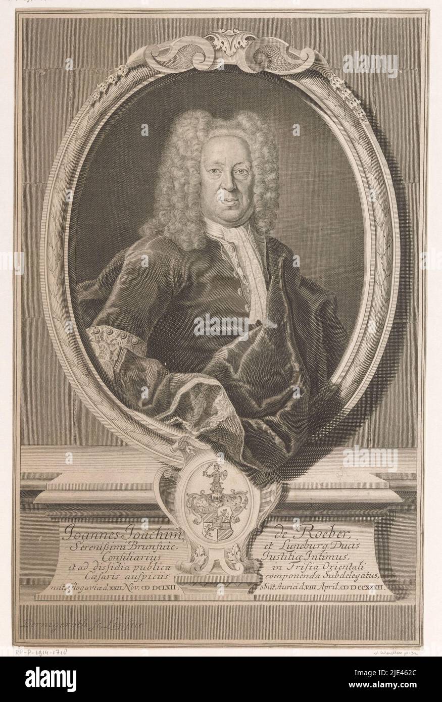Retrato de Johann Joachim von Roeber, Martin Bernigeroth, 1732 - 1733, imprenta: Martin Bernigeroth, (mencionado en el objeto), Leipzig, 1732 - 1733, papel, grabado de 309 mm de alto x 200 mm de ancho Foto de stock