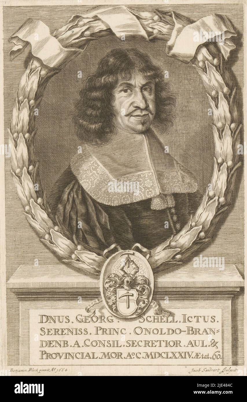 Retrato de Georg Schell, Jakob von Sandrart, después de Benjamin von Block, c. 1674, el fabricante de la impresión: Jakob von Sandrart, (mencionado en el objeto), después: Benjamin von Block, (mencionado en el objeto), c. 1674, papel, grabado, h 224 mm - w 147 mm Foto de stock