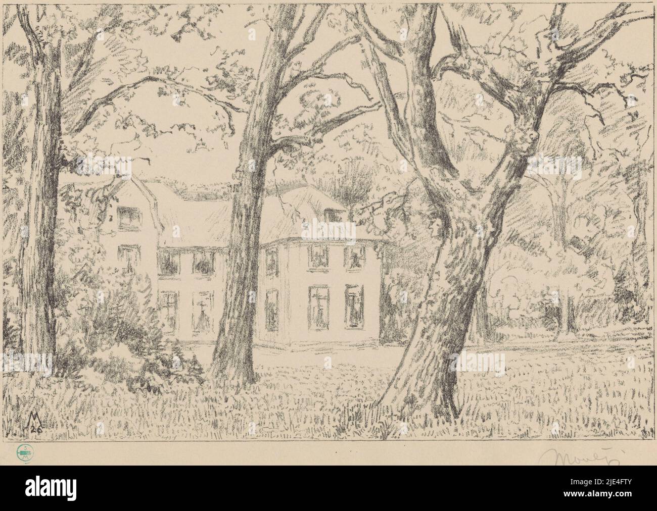 Vista de la villa Groot Haesebroek desde el jardín, Simon Moulijn, 1926, en el primer plano tres árboles., imprenta: Simon Moulijn, (firmado por el artista), 1926, papel, h 297 mm x w 424 mm Foto de stock