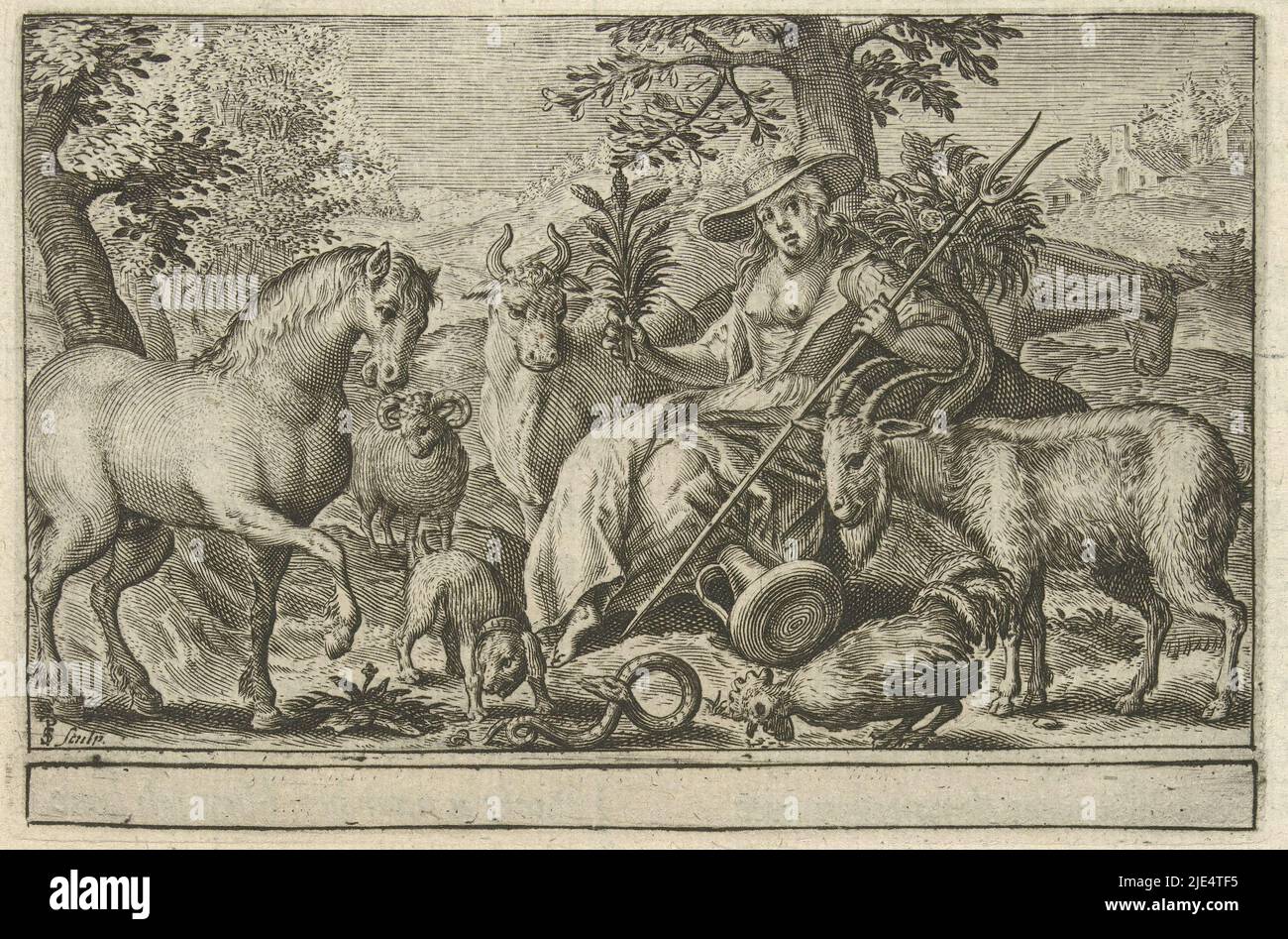 Paisaje con la diosa Pales (diosa romana de los pastores, la agricultura y la ganadería), rodeado de varios animales. Con un margen vacío debajo de la representación. Debajo de la impresión y en el reverso en holandés, Pales., fabricante de impresión: Simon van de Passe, (mencionado en el objeto), desconocido, 1627, papel, grabado, impresión de tipografía, al. 83 mm x al. 125 mm, al. 216 mm x al. 157 mm Foto de stock
