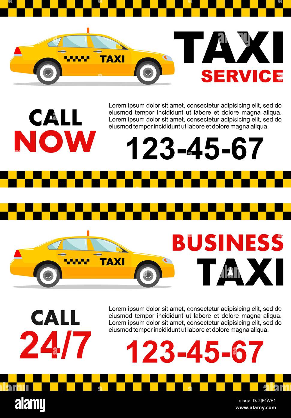 Concepto de servicio de taxi de negocios. Banner vectorial, póster o folleto. Ilustración detallada del taxi amarillo. Ilustración del Vector
