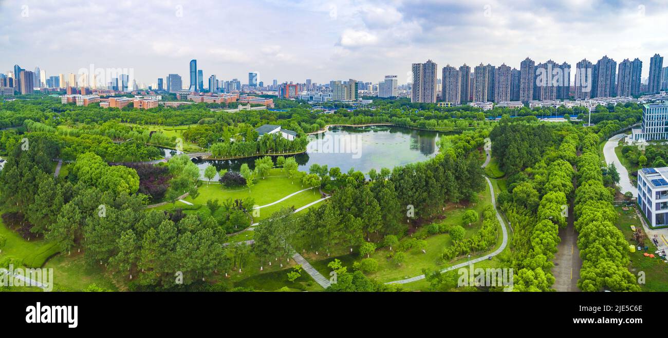 Parque Académico Aéreo del Parque de Educación Superior Ningbo, Zhejiang con vistas al verde parque panorámico Foto de stock