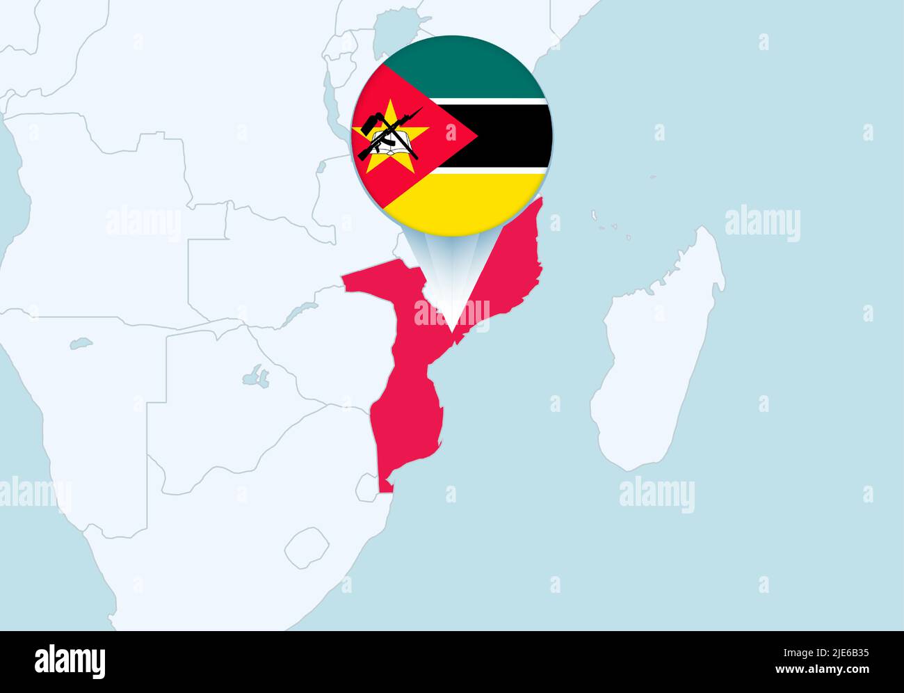 África con mapa seleccionado de Mozambique e icono de bandera de Mozambique. Mapa de vectores y bandera. Ilustración del Vector