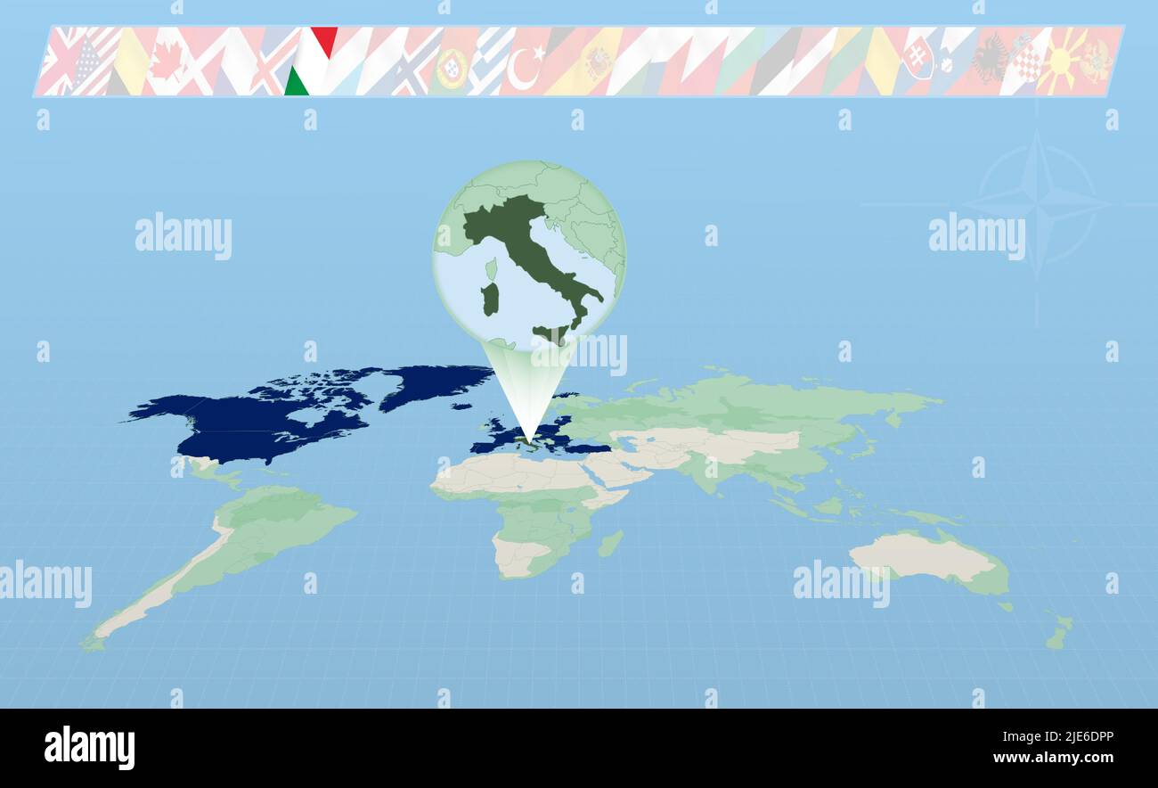 Italia miembro de la Alianza del Atlántico Norte seleccionado en Perspective World Map. Banderas de 30 miembros de la alianza. Ilustración vectorial. Ilustración del Vector