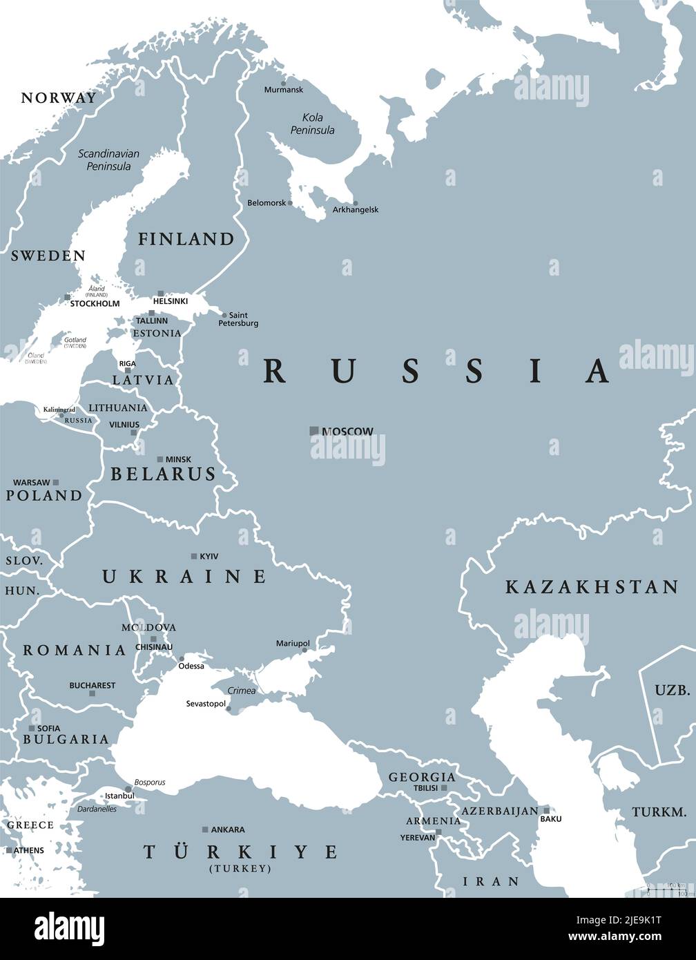 Europa Oriental y Asia Occidental, mapa político gris. Con el Mar Negro, el Mar Caspio, la Rusia europea, y con una parte de Asia Central. Foto de stock