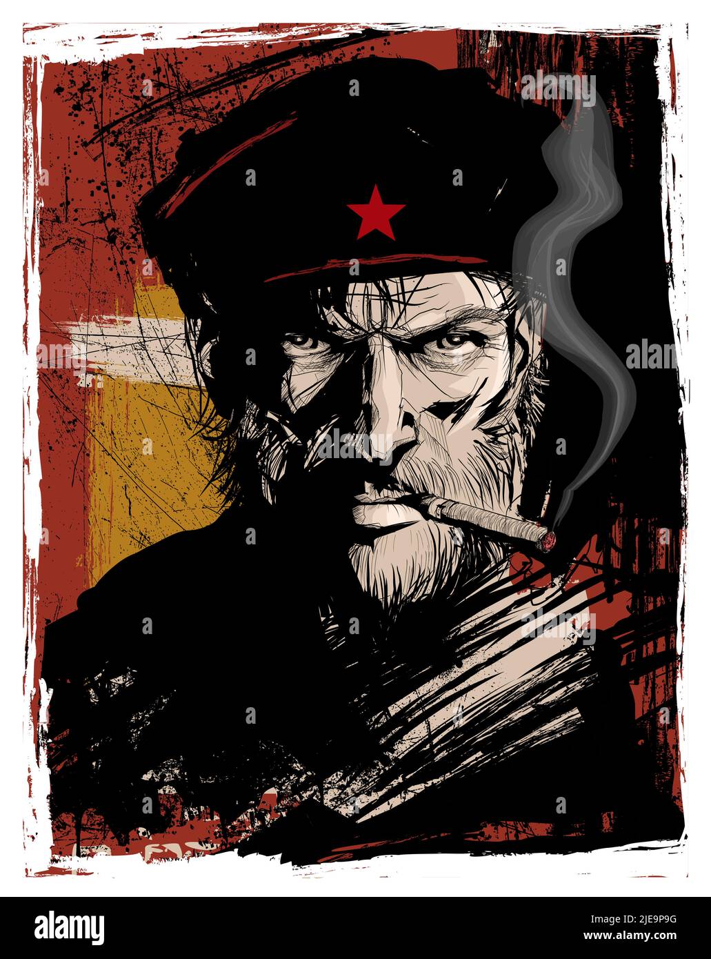 Primer plano retrato de un serio revolucionario cubano de mediana edad con cigarro - ilustración vectorial Ilustración del Vector