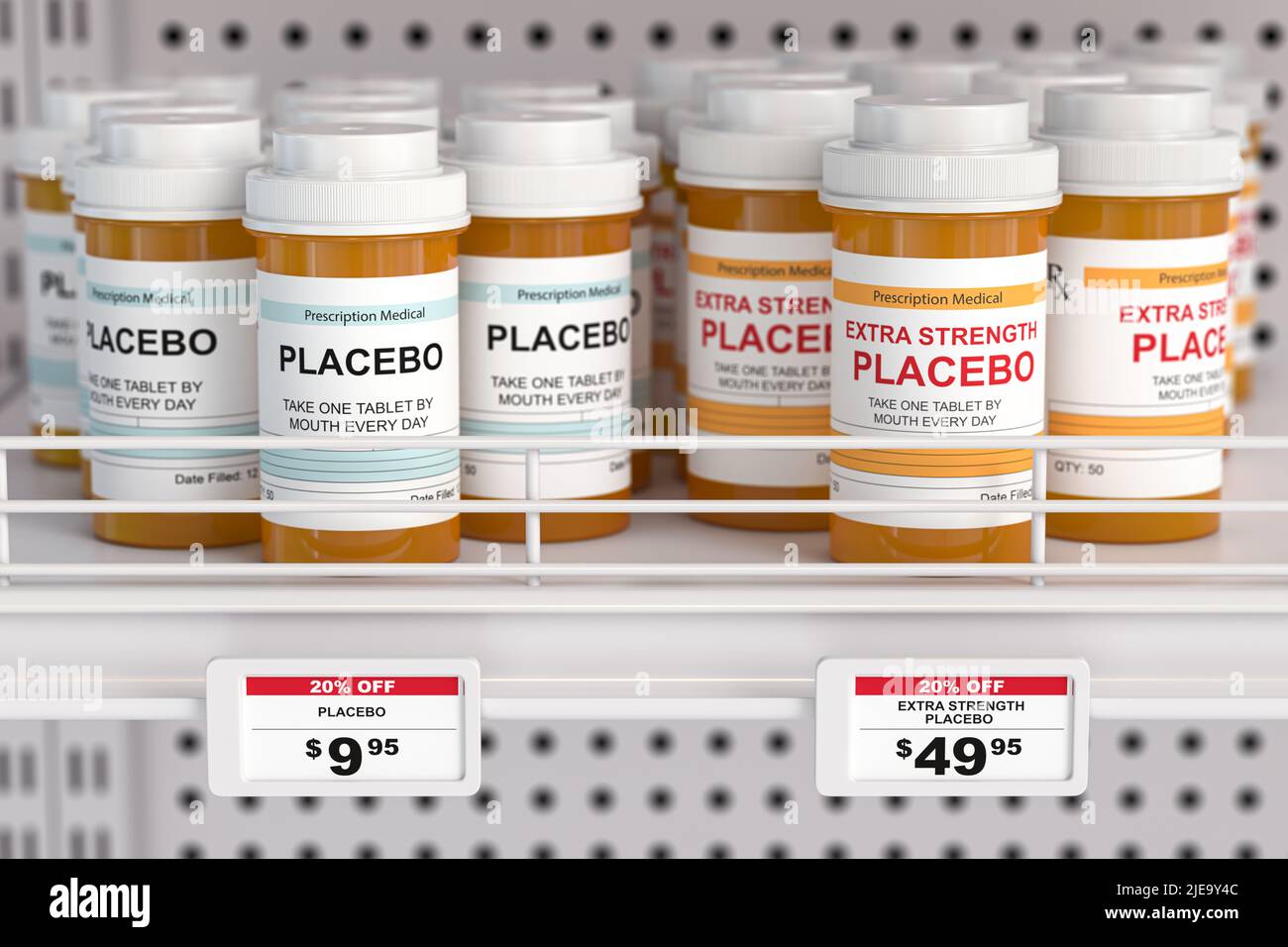 Placebo y píldoras de placebo de fuerza extra en caja para diferentes precios. Ganancias fraudulentas del concepto de la industria farmacéutica. ilustración 3d Foto de stock