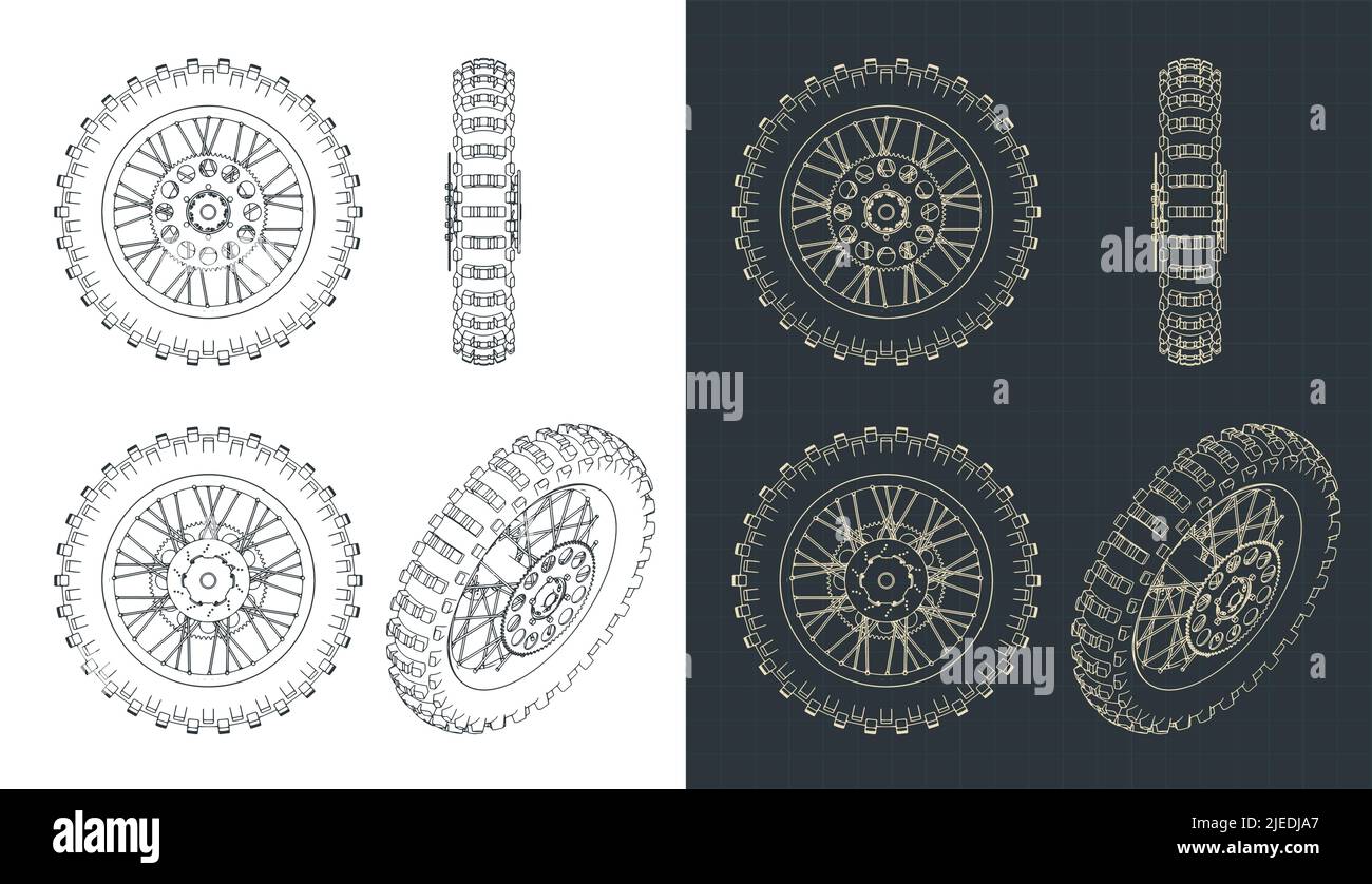 Ilustraciones vectoriales estilizadas de planos de rueda trasera de bicicleta de tierra con frenos de disco y rueda dentada Ilustración del Vector