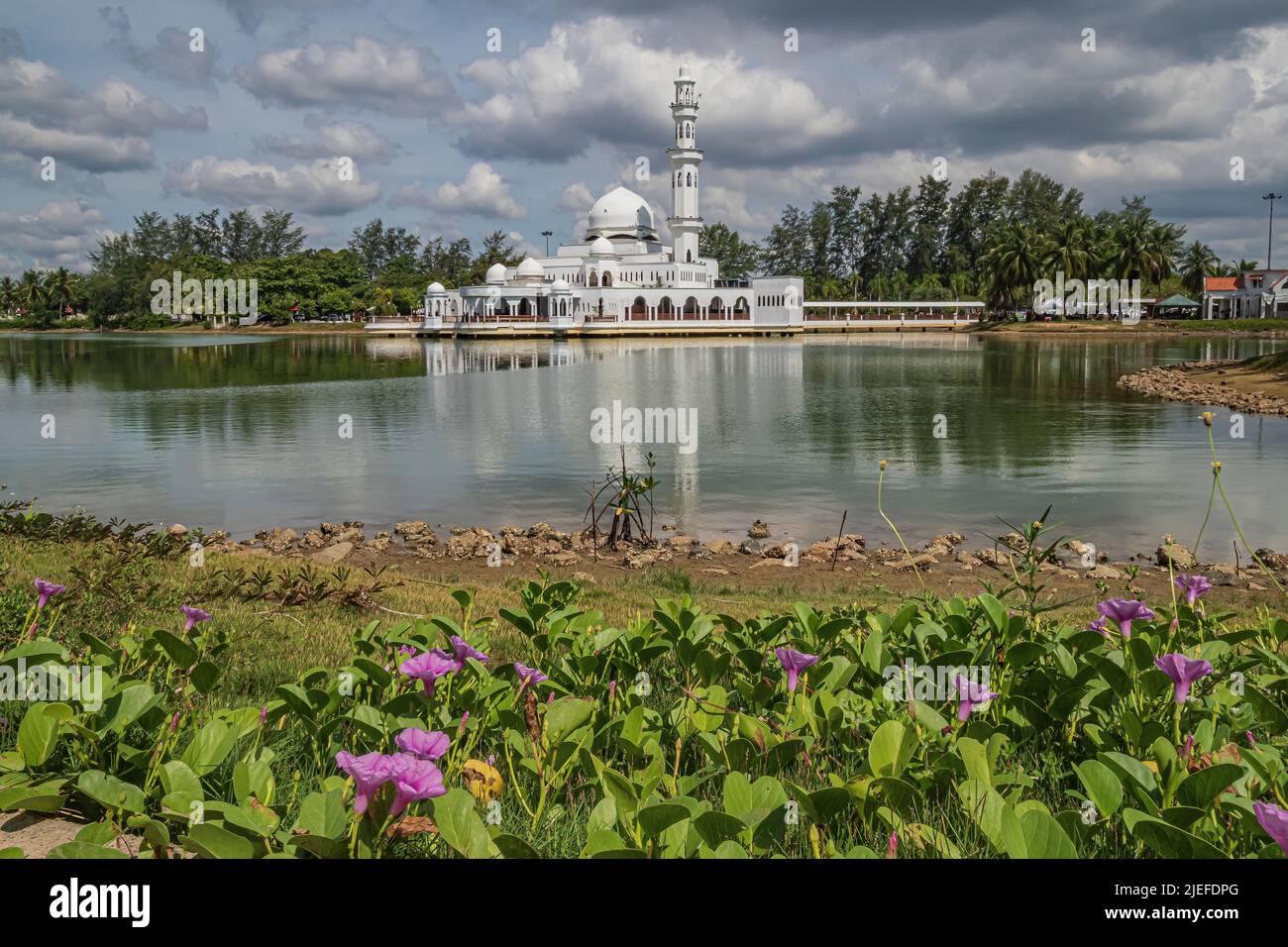 Vista de bajo ángulo con vegetación florida, un lago y la Mezquita Flotante de Kuala Ibai con su reflejo en el agua en Kuala Ibai en Kuala Terengganu, Malasia. Foto de stock