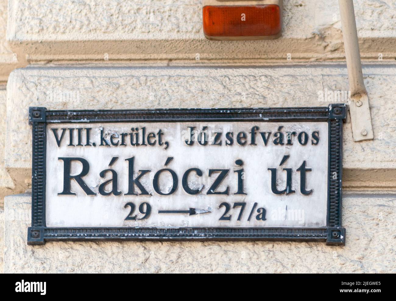 Rakoczi Utca Street Sign, Budapest, Hungría Foto de stock