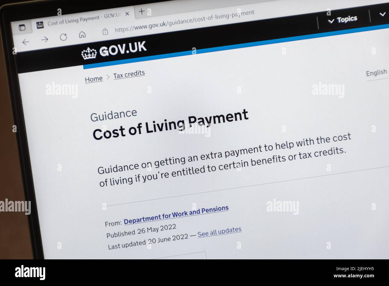 Pago del Costo de Vida, orientación sobre cómo solicitar apoyo financiero en el sitio web gov.uk, 2022 Foto de stock