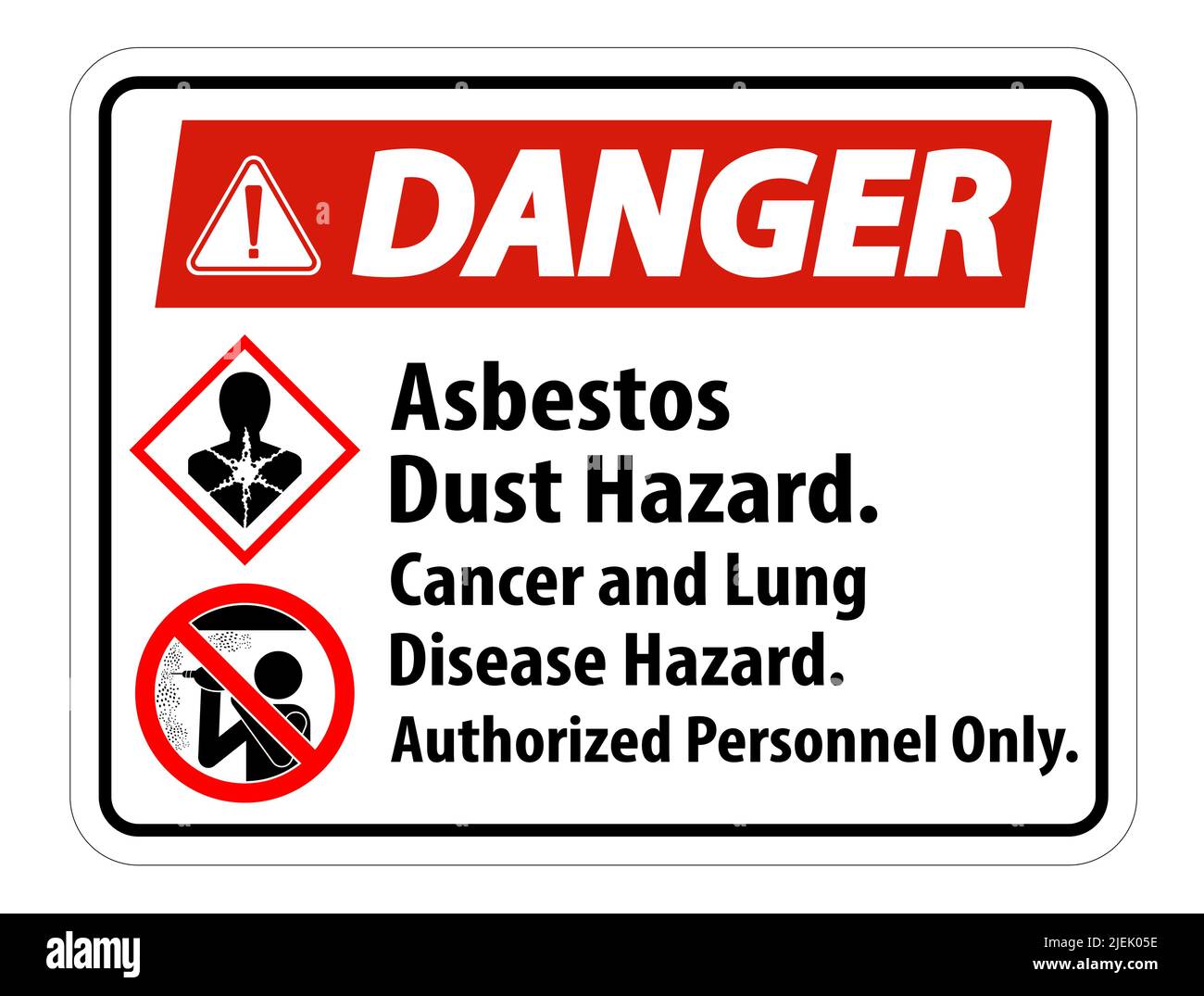 Peligro Etiqueta de seguridad,Peligro de polvo de asbesto, Riesgo de cáncer y enfermedades pulmonares Sólo personal autorizado Ilustración del Vector