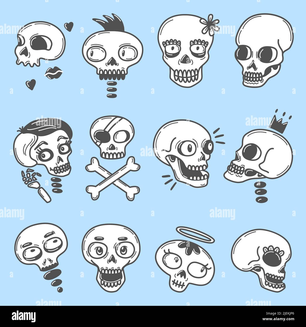 Juego de cráneo de dibujos animados. Pegatinas de calaveras de