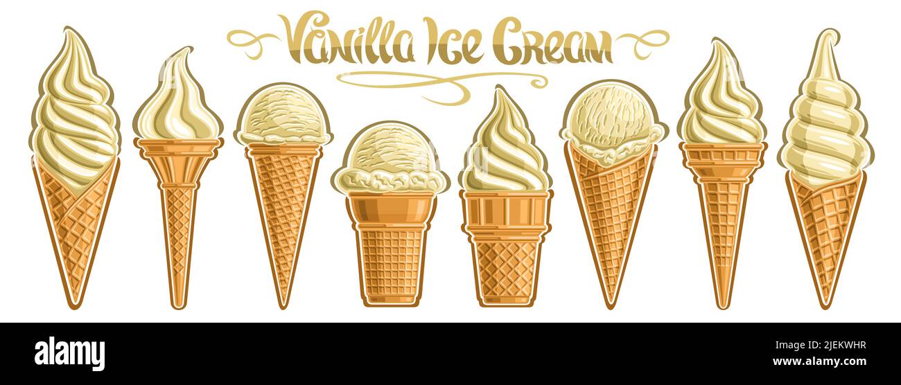 Vector Vanilla Ice Cream Set, banner con colección de corte diferentes ilustraciones de grupo refrescante bola de helado en conos de waffle y Ilustración del Vector