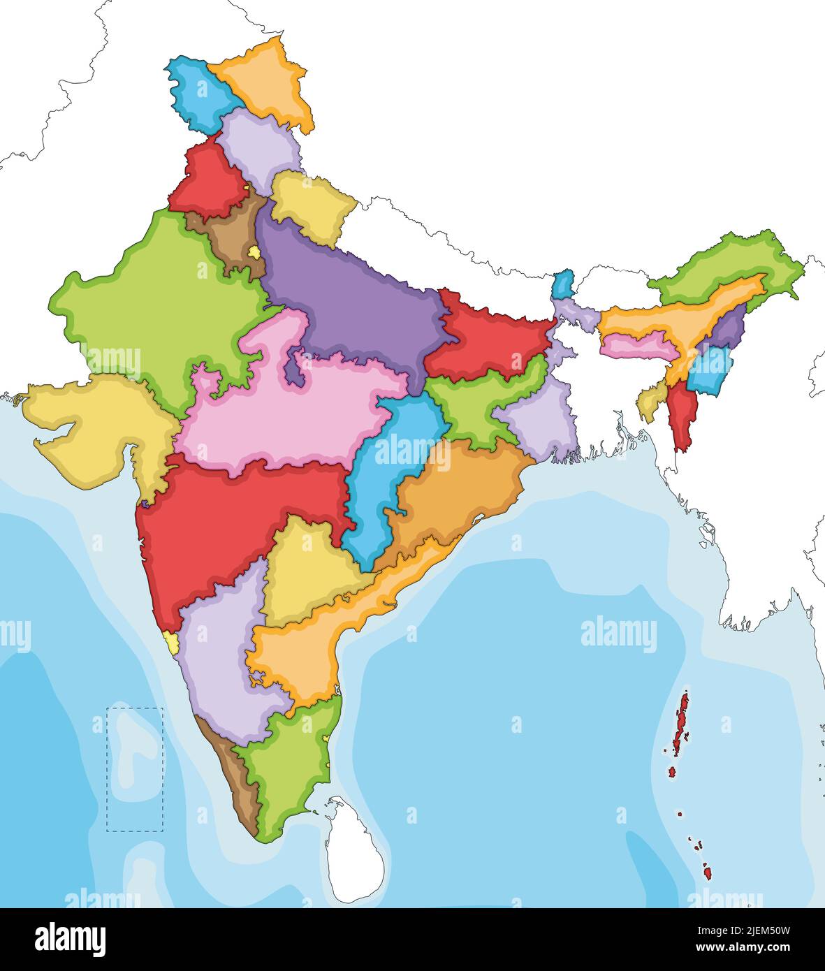 Vector ilustra un mapa en blanco de la India con estados, territorios y divisiones administrativas, y países vecinos. Se puede editar y etiquetar claramente Ilustración del Vector
