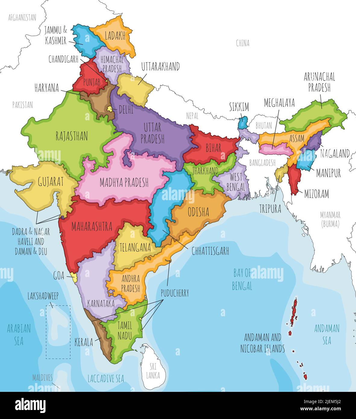 Vector Mapa ilustrado de la India con estados y territorios y divisiones administrativas, y países vecinos. Editable y claramente rotulada Lay Ilustración del Vector
