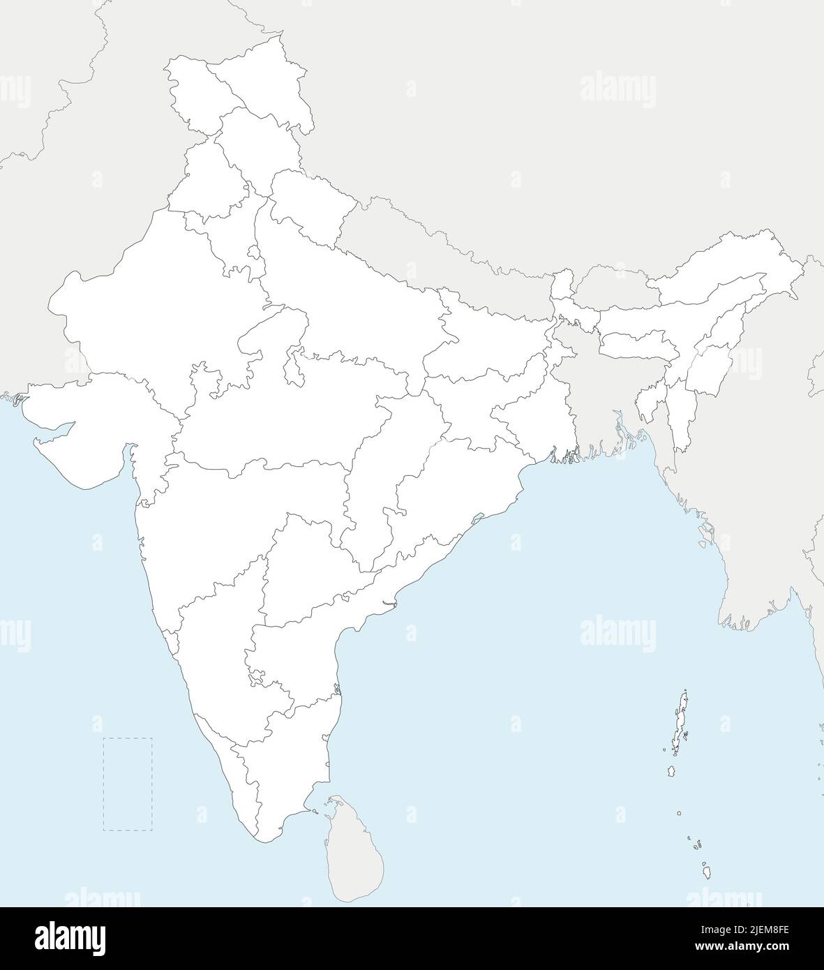 Mapa vectorial en blanco de la India con estados y territorios y divisiones administrativas, y países vecinos. Capas editables y claramente etiquetadas. Ilustración del Vector