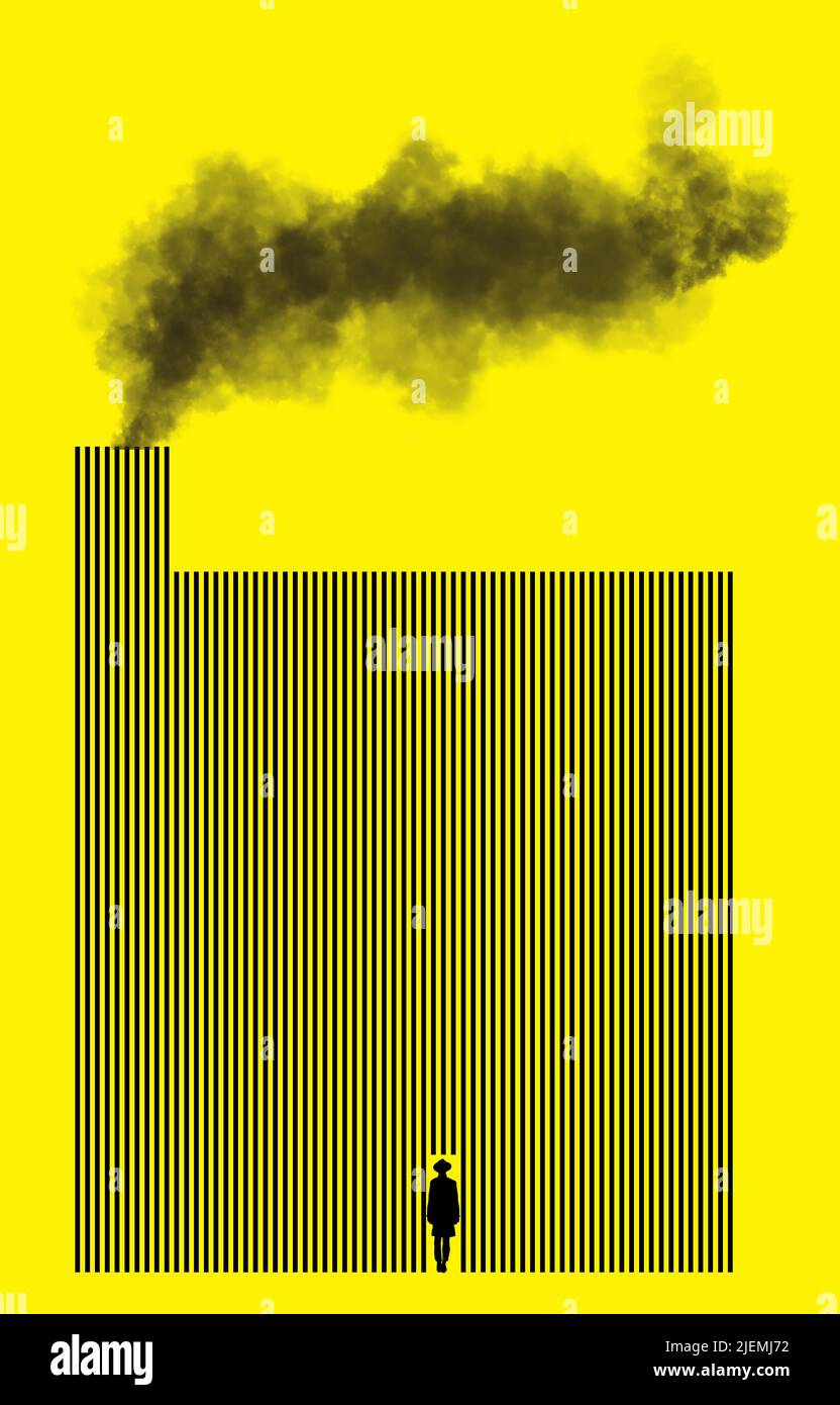 Un hombre entra en una puerta a una fábrica hecha de líneas negras sobre un fondo amarillo en una ilustración de 3 sobre ir a trabajar y malos trabajos. El humo negro se ve Foto de stock