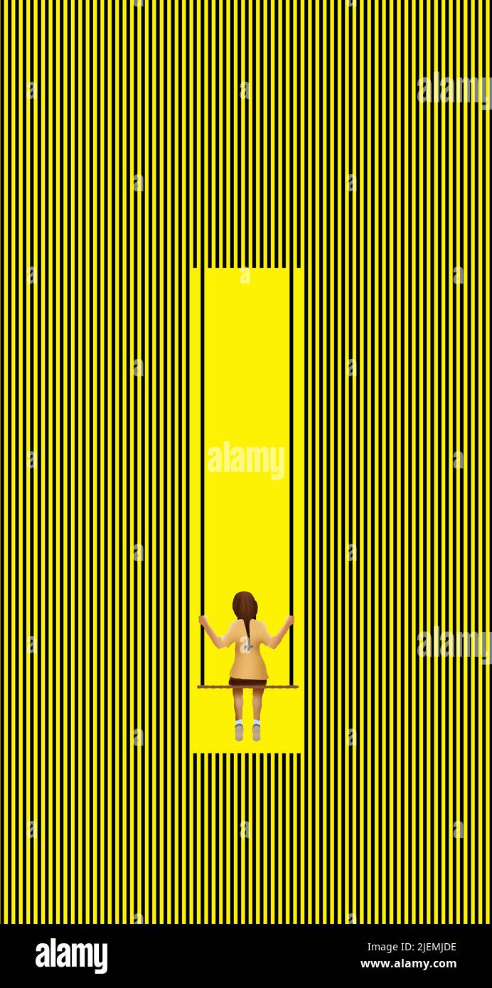 Una niña se mueve en su swing en un campo de líneas negras sobre un fondo amarillo en esta ilustración de 3-d. Foto de stock