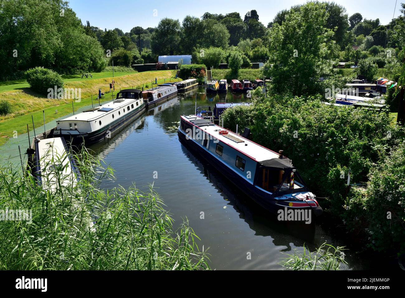 Barcos del canal amarrados en River Avon en Saltford Marina, The Shallows, Saltford, Bristol, Reino Unido Foto de stock