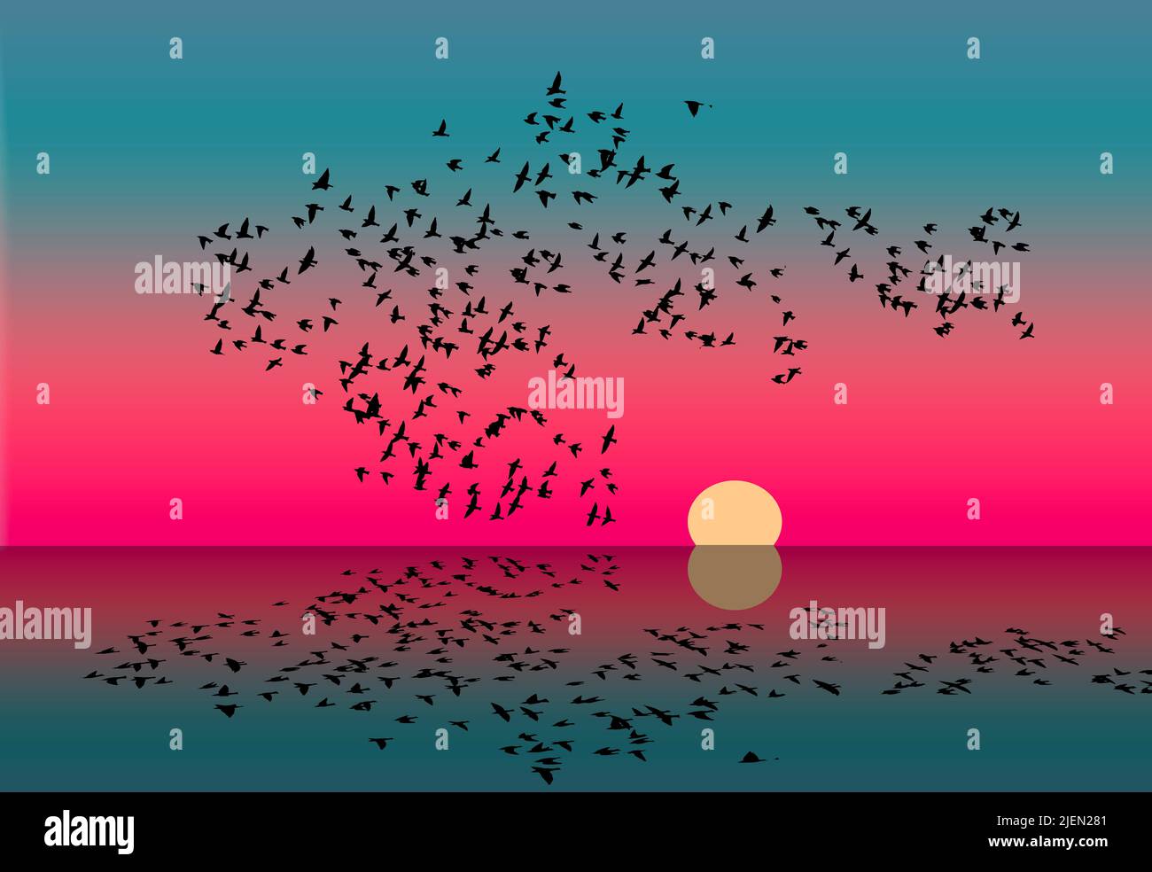 Una bandada de aves al atardecer se refleja en el agua de un lago en esta ilustración de 3. Foto de stock