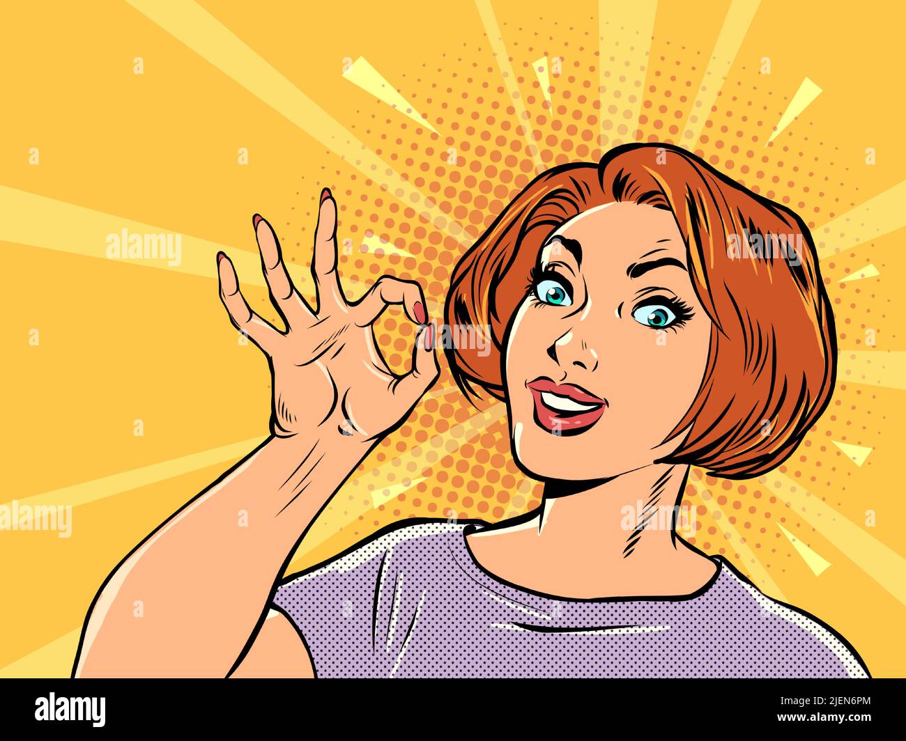 Mujer empresaria OK gesto, recomendación de calidad, gesto de mano, anuncio. POP art retro vector ilustración kitsch vintage 50s Ilustración del Vector