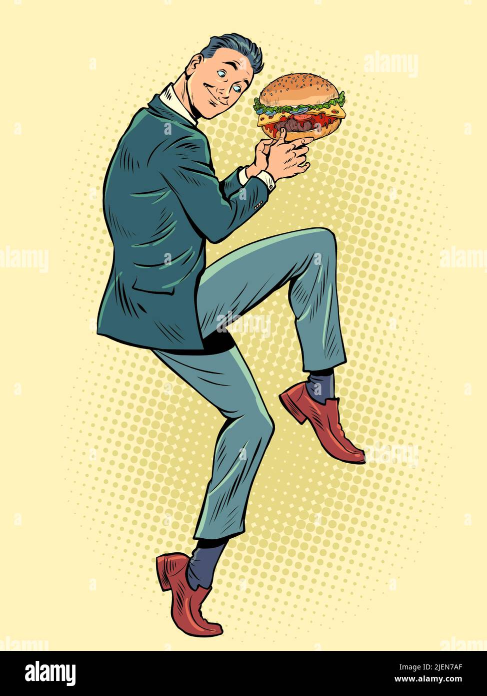Hombre de negocios en una pose divertida. Hamburguesa whopper en las manos, comida callejera. Arte pop retro vector ilustración kitsch estilo vintage 50s 60s Ilustración del Vector