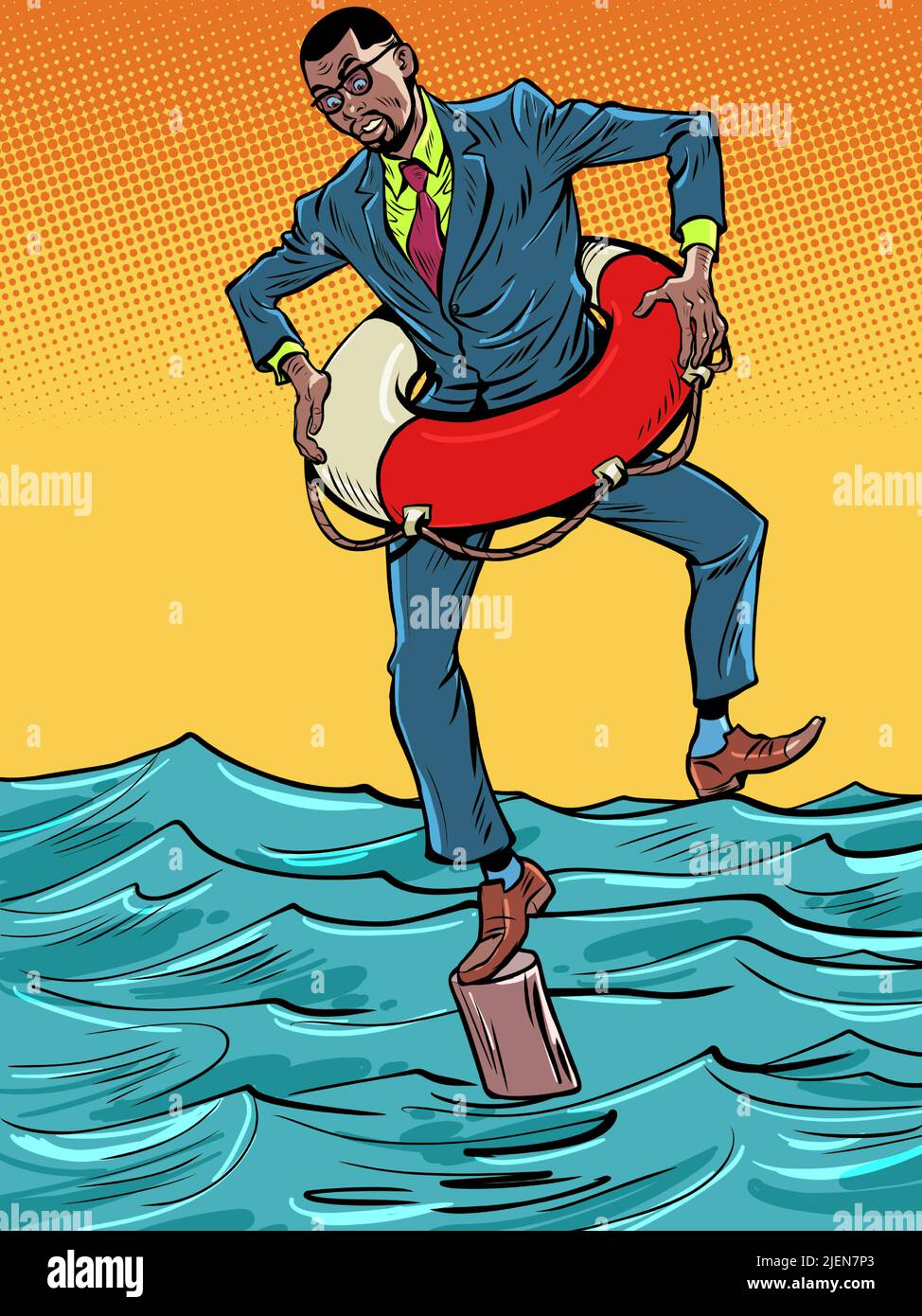 Hombre de negocios afroamericano con salvavidas, seguros y riesgos, peligro de quiebra, decisión correcta. POP arte retro vector ilustración kitsch vintag Ilustración del Vector