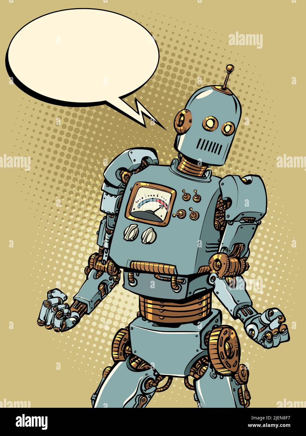 potente robot con poderosos brazos en la postura de los culturistas, inteligencia artificial, revolución técnica. pop arte retro vector ilustración kitsch vintage Ilustración del Vector