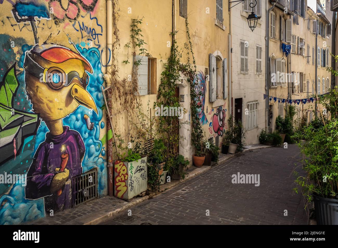 Marsella, Francia, 2022 de mayo, vista de la calle Puits Saint Antoine decorado con murales y plantas en el distrito de Le Panier Foto de stock