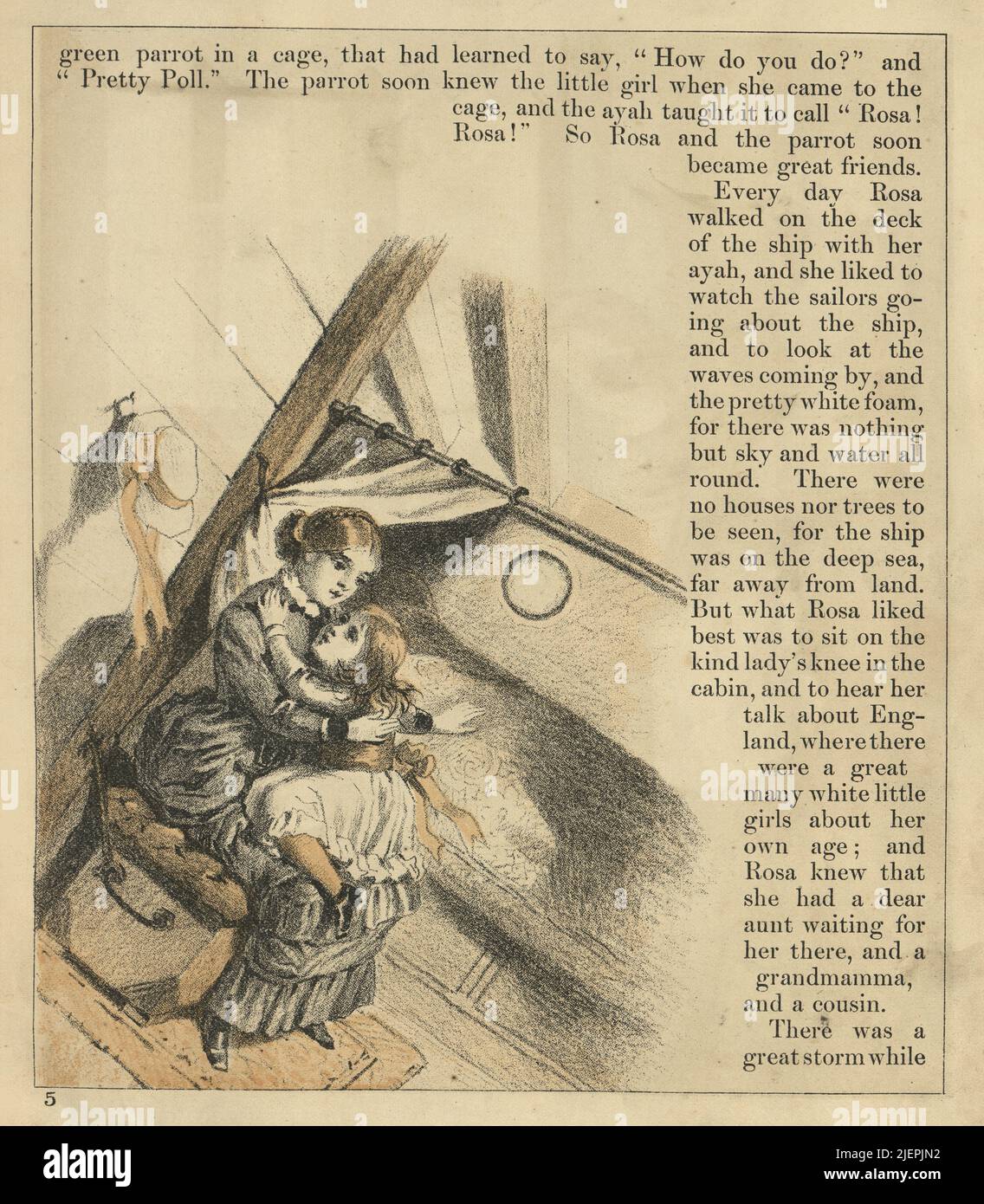 Mujer y niña, los pasajeros en los buques de cabina durante una tormenta en el mar, victoriana, 1880s, siglo 19th. Rosa, la prima pequeña de la India Foto de stock
