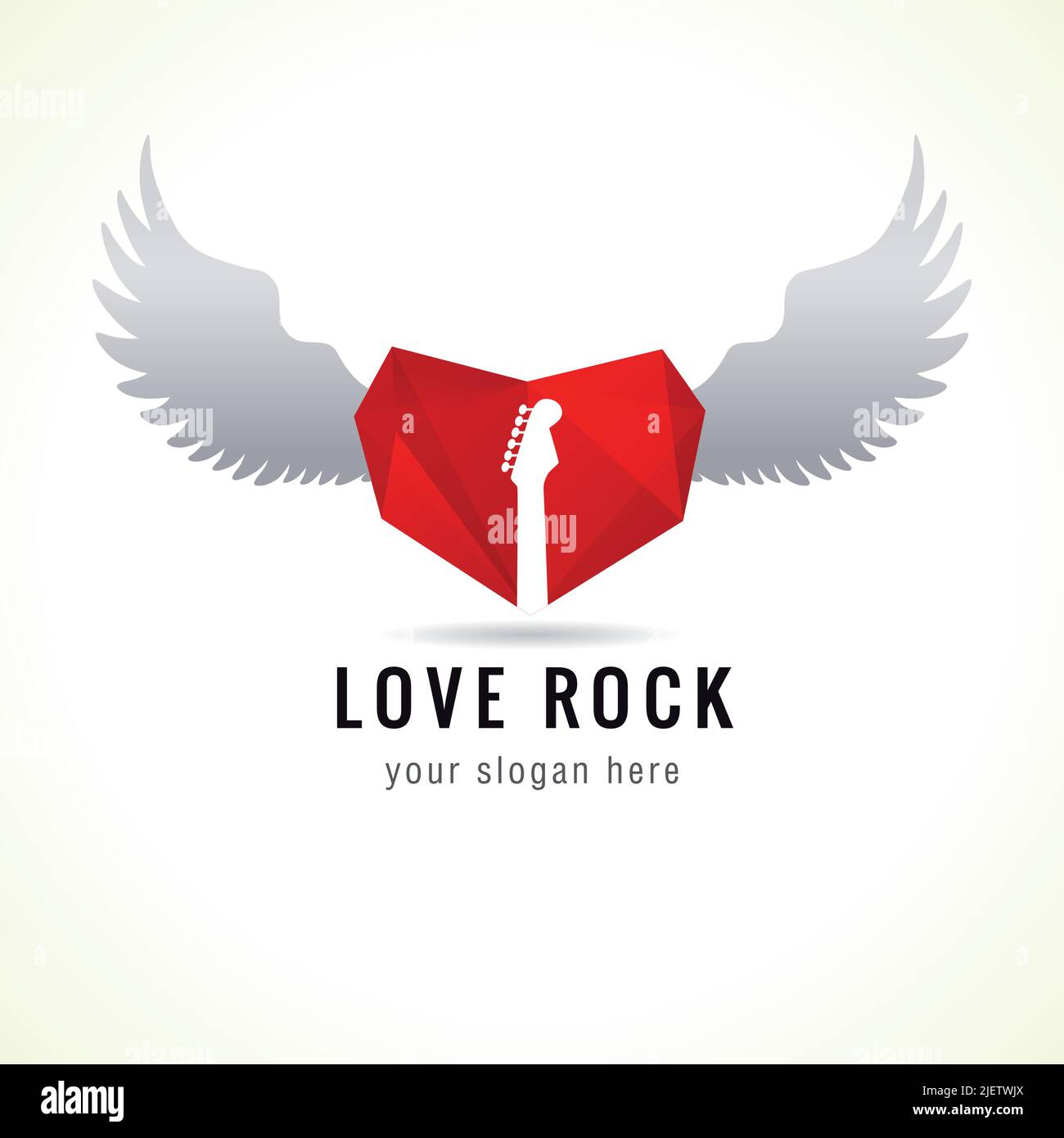 Logotipo de love rock. Corazón de vidrio rojo volando, guitarra, alas, idea de marca. Signo de vector musical. Símbolo de eventos de arte y tours. Icono de Rock n roll. Ilustración del Vector