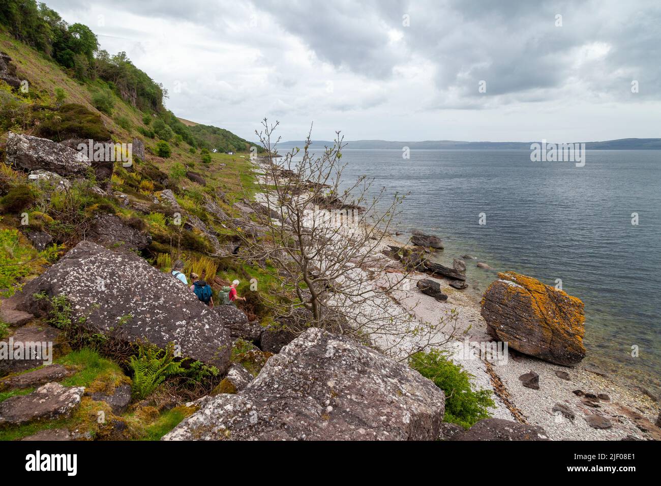 Rocas caídas y una enorme roca a lo largo de la costa de Arran, Escocia Foto de stock
