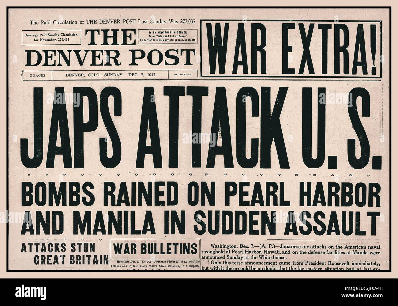 PEARL HARBOR, diciembre de 7th 1941, titular del periódico 'War Extra! JAPS ATAQUE EE.UU. Bombas llovió en Pearl Harbor y Manila en asalto repentino' el Denver Post Front Page 'Splash' titular que trajo a América en la Segunda Guerra Mundial WW2 Foto de stock