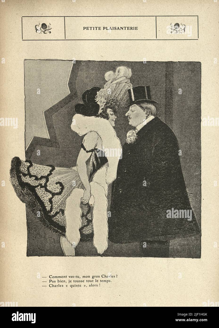 Dibujos animados franceses de época por Henry Gerbault, 1900s. Mujer que se inclina en el beso de un hombre, Showgirl. Petite plaisanterie Foto de stock
