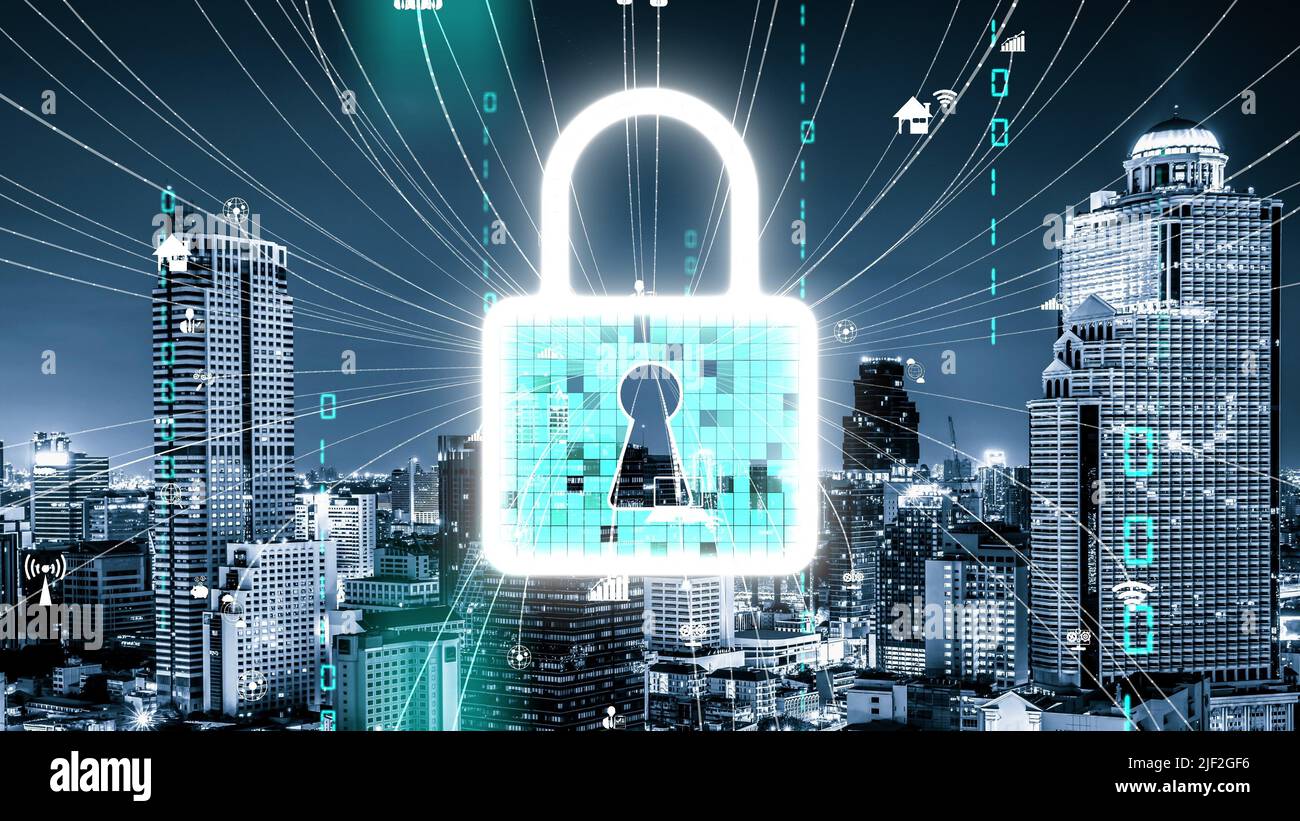 Seguridad cibernética y protección de datos de alteración en plataforma digital . Interfaz gráfica que muestra la tecnología de firewall seguro para el acceso a datos en línea Foto de stock