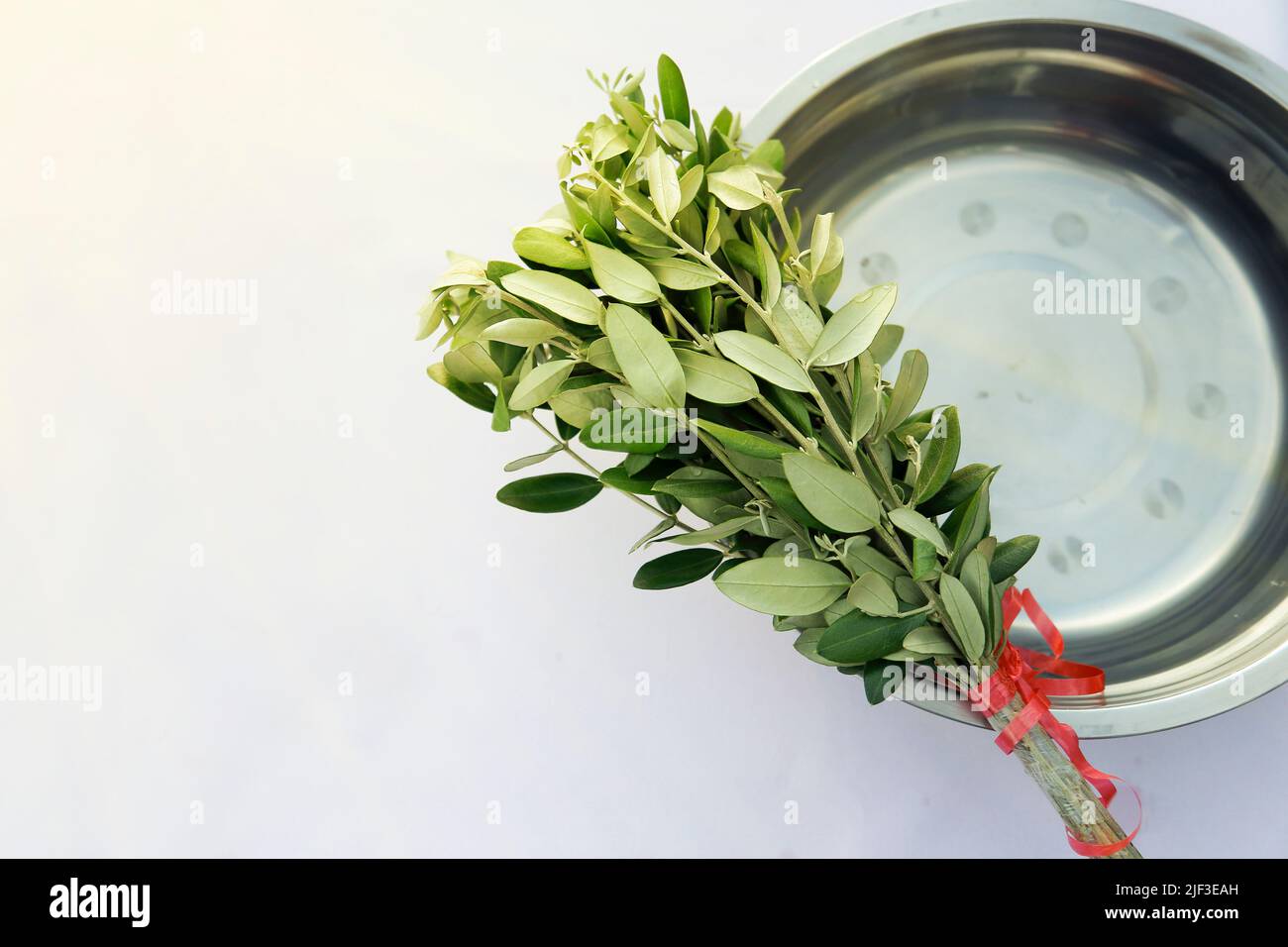 Semana Santa. Haz de ramas y lavabo con agua santa para espolvorear. Celebración católica tradicional Domingo de Ramos. Fe cristiana. Símbolo religioso. Foto de stock