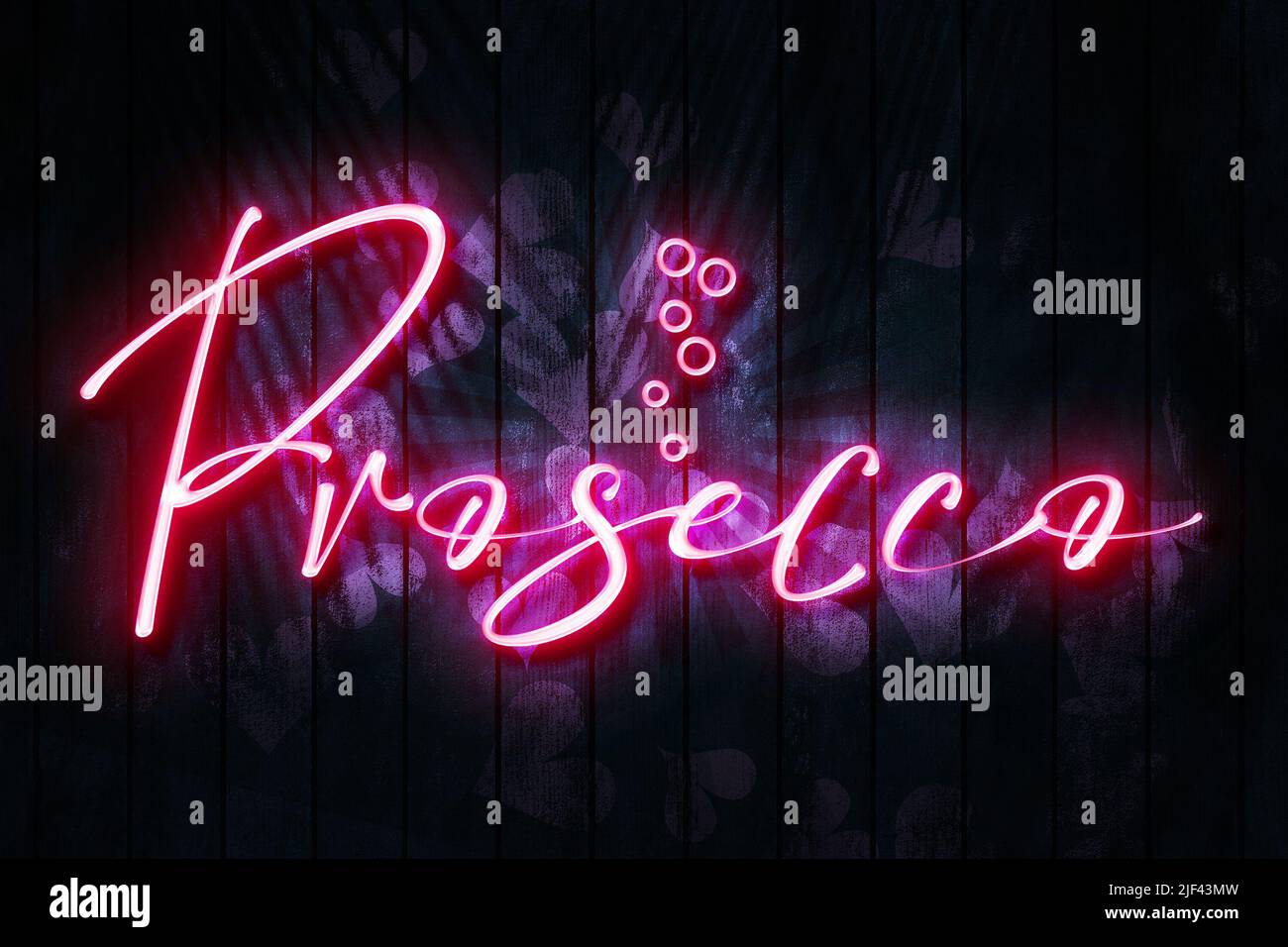 Prosecco signo de neón rosa en una pared de madera oscura con corazones rosa ilustración 3D. Foto de stock
