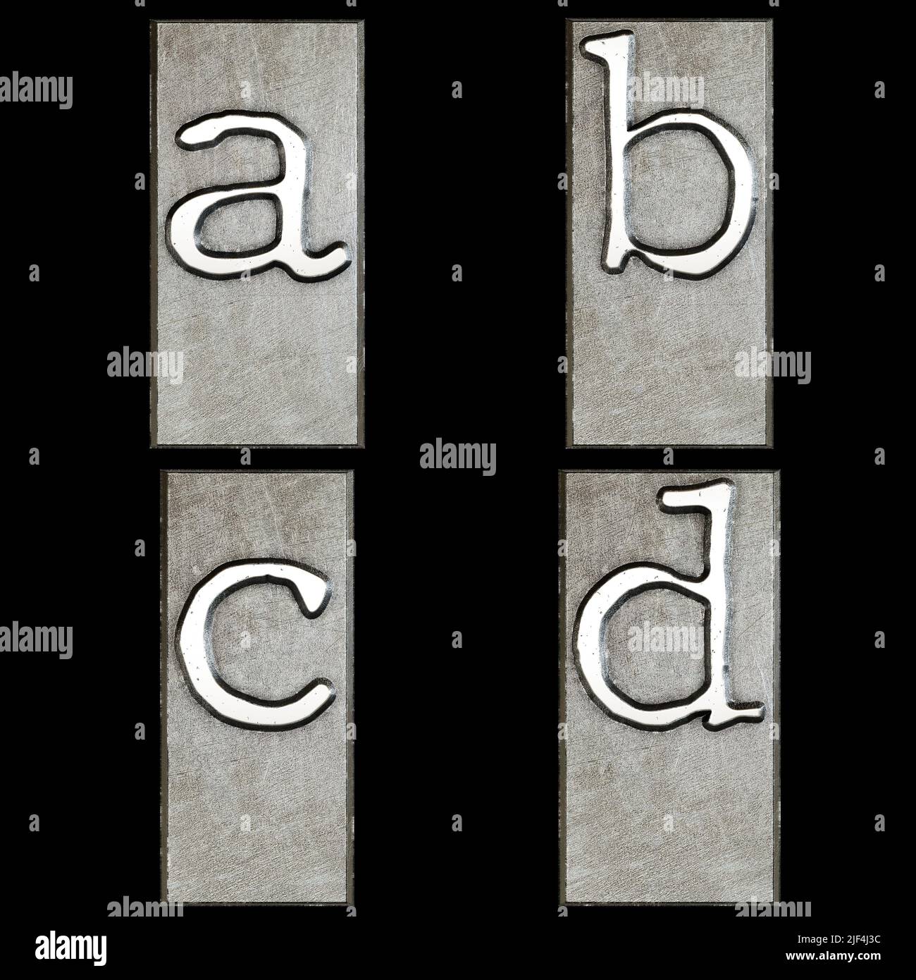 3D Renderización del alfabeto del cabezal de impresión de máquina de escribir de metal - letras minúsculas a-d Foto de stock