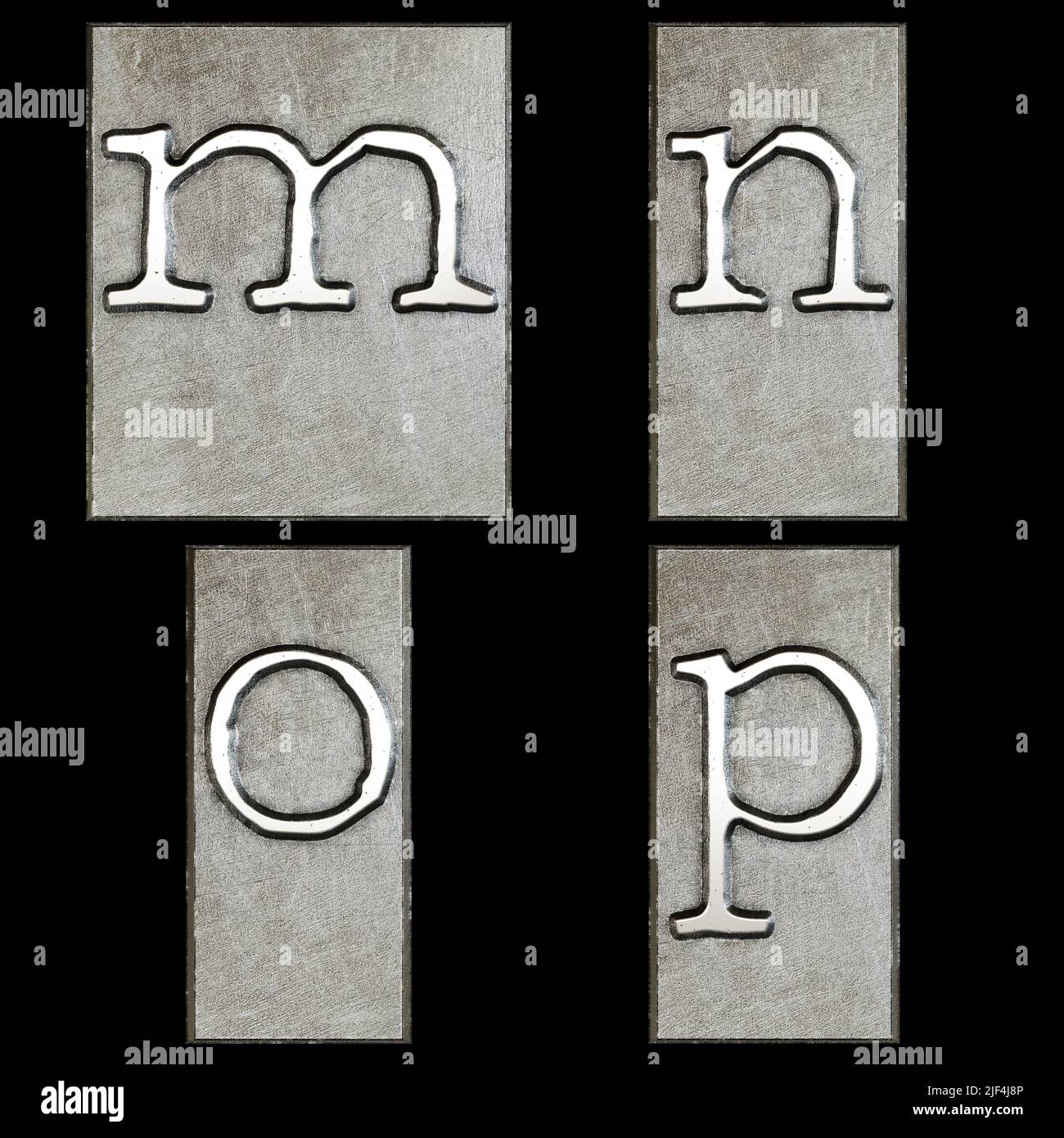 3D representación de metal máquina de escribir cabezal de letra alfabeto - letras minúsculas m-p Foto de stock
