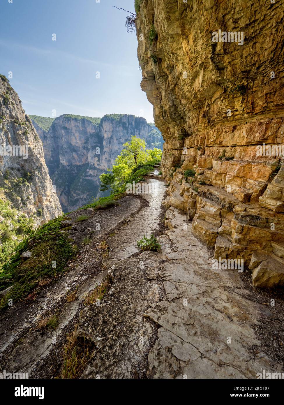 Estrecho sendero precario tallado en la escarpada cara del acantilado más allá del monasterio de Agia Paraskevi por encima de la garganta de Vikos en la región de Zagori en Grecia Foto de stock