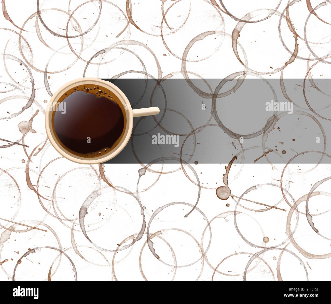 Se ve una taza de café sobre un fondo de manchas de café de las tazas. Esta es una ilustración 3-d con una larga sombra de la luz del sol. Foto de stock