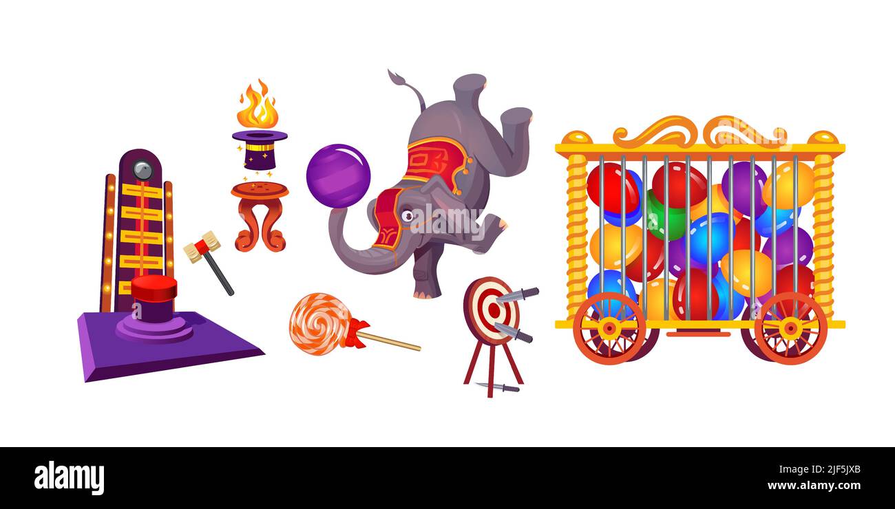 Cosas de circo y elefante, artista de carpa principal animal con pelota, jaula de ruedas con globos, lollipop, atracción del parque de atracciones con martillo y botón, sombrero mago y objetivo, Cartoon vector set Ilustración del Vector