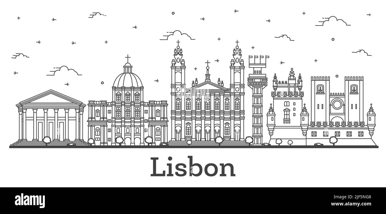 Esquema del horizonte de la ciudad de Lisboa, Portugal con históricos edificios aislados en blanco. Ilustración vectorial. Paisaje Urbano de Lisboa con hitos. Ilustración del Vector