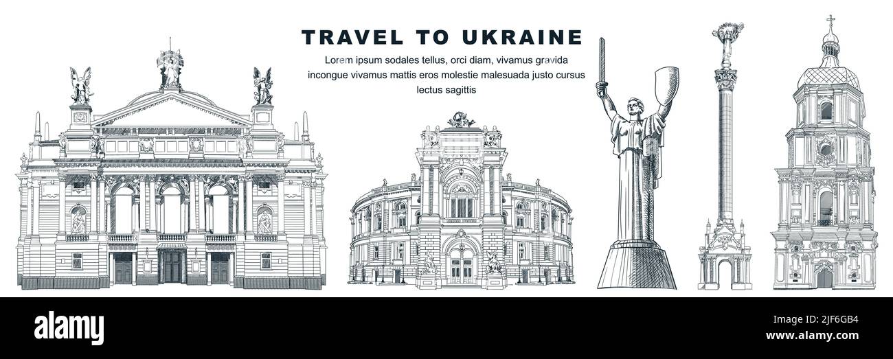 Viaje a Ucrania elementos de diseño de monumentos dibujados a mano. Ilustración vectorial del Monumento de la Independencia, la Patria, la Catedral de Sophia, Lviv y. Ilustración del Vector