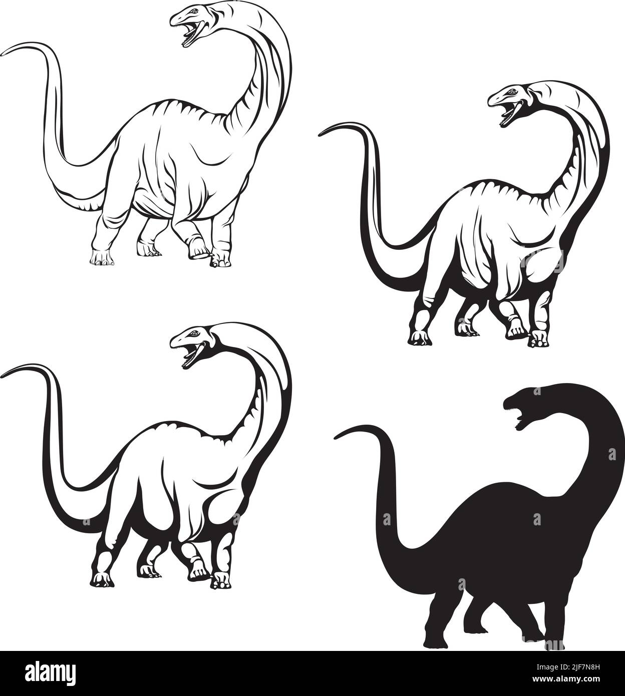 Brachiosaurus, imagen realista de dinosaurio, vector, posiciones, ilustración, blanco y negro, silueta, logotipo, marca, galón para decoración y des Ilustración del Vector