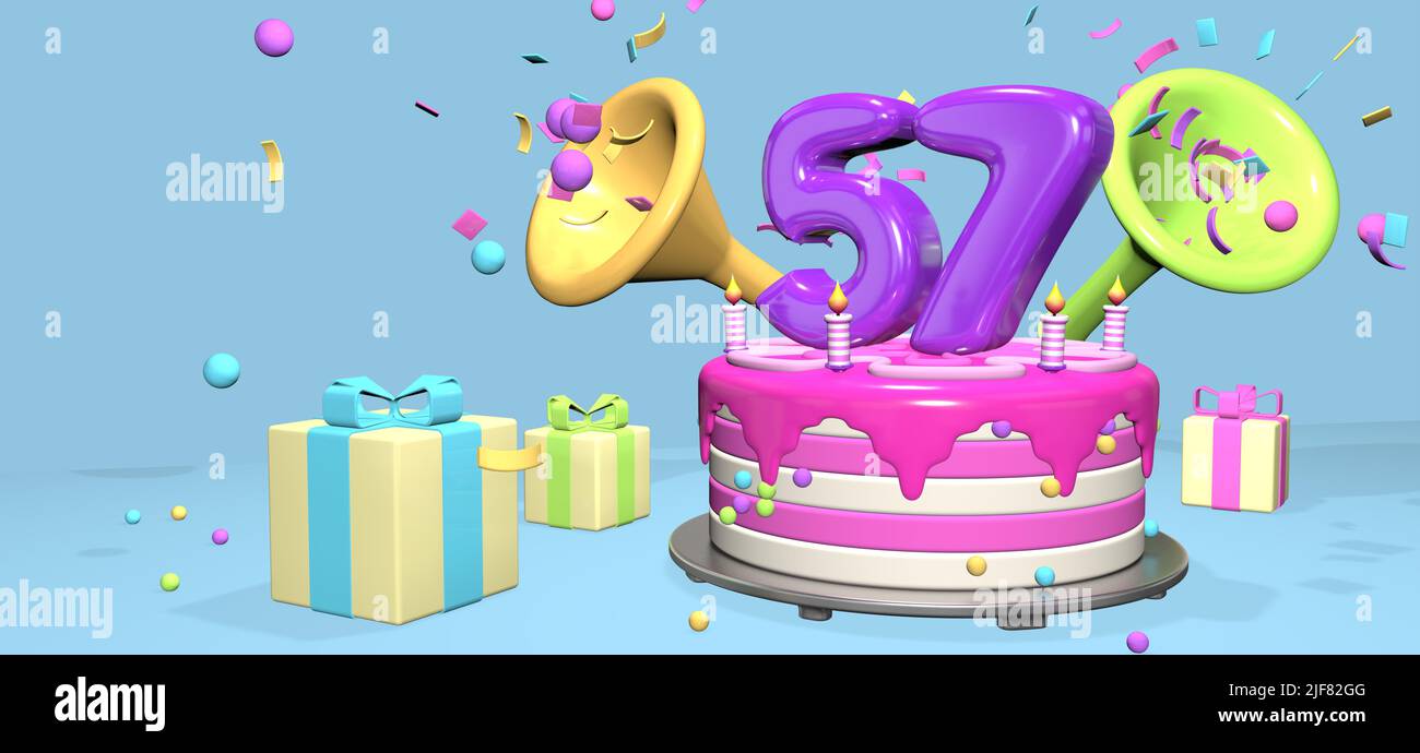 Pastel de cumpleaños rosa con espeso número 57 púrpura y velas sobre placa metálica rodeadas de cajas de regalo con cuernos que expulsan confeti y esferas en el pasado Foto de stock