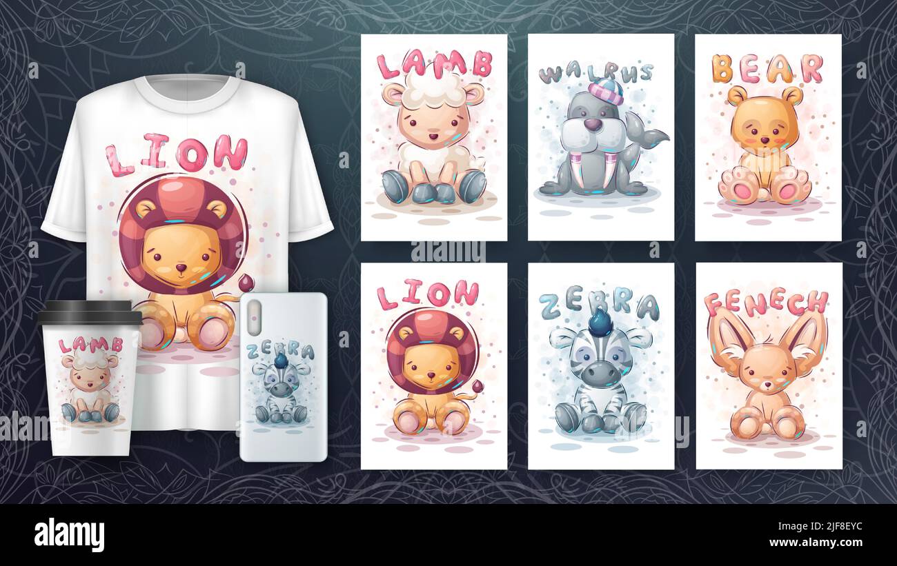 Personaje de dibujos animados adorable conjunto de animales, bonita idea de zoo para imprimir camiseta, póster y sobre para niños, postal. Lindo animal de estilo dibujado a mano Imagen Vector de stock - Personaje de dibujos animados adorable conjunto de animales, bonita idea de zoo para imprimir camiseta, póster y sobre para niños, postal. Lindo animal de estilo dibujado a mano Imagen Vector de stock -