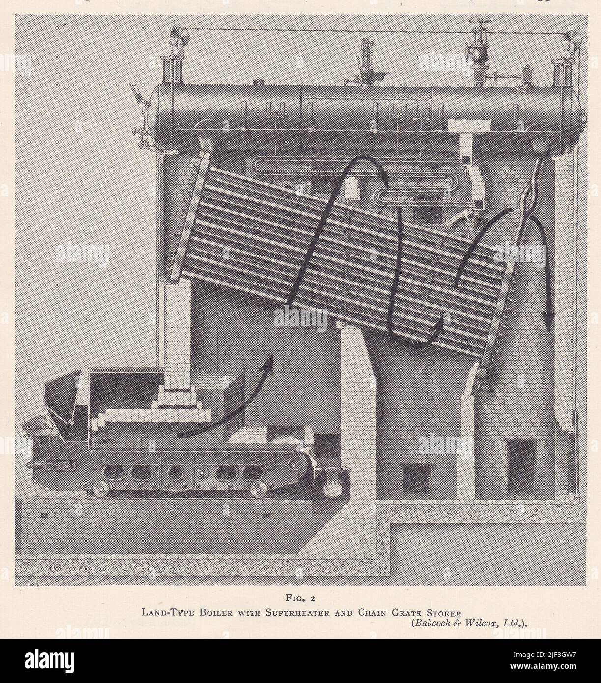 Ilustración vintage de una caldera tipo tierra con supercalentador y depósito de rejilla de cadena - Babcock & Wilcox. Ltd Foto de stock